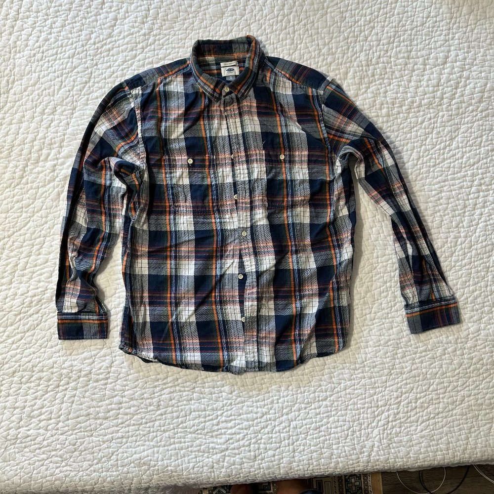 Old Navy - Slim Fit Plaid Button Up Dress Shirt - XL (Navy, White, Orange)